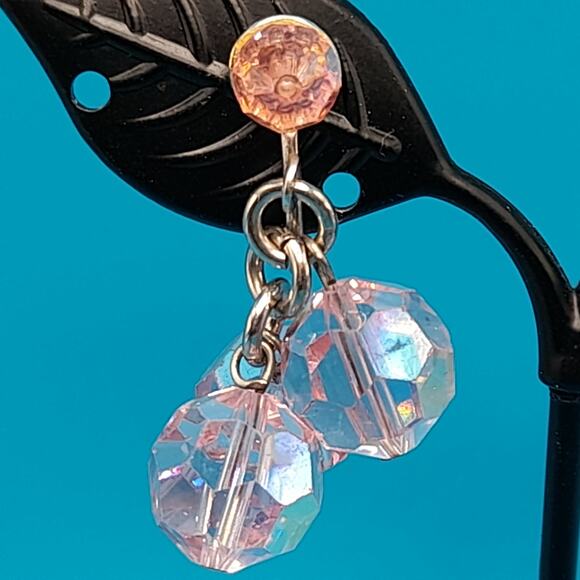 Vintage Light Pink Crystal Earrings, Clip Clasps, Silver Tone - Picture 2 of 8